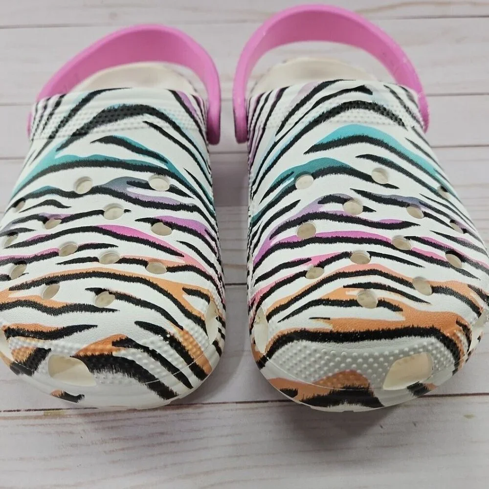 Crocs Kids Classic Size J5 Zebra Animal Print Striped Glitter‎ Clogs